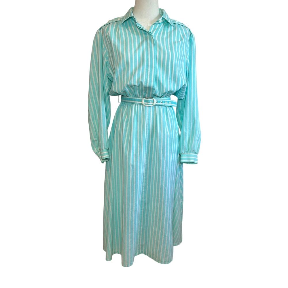 VTG 80s Carriage Court Teal Striped Belted Midi Dress M Retro Preppy Cottage